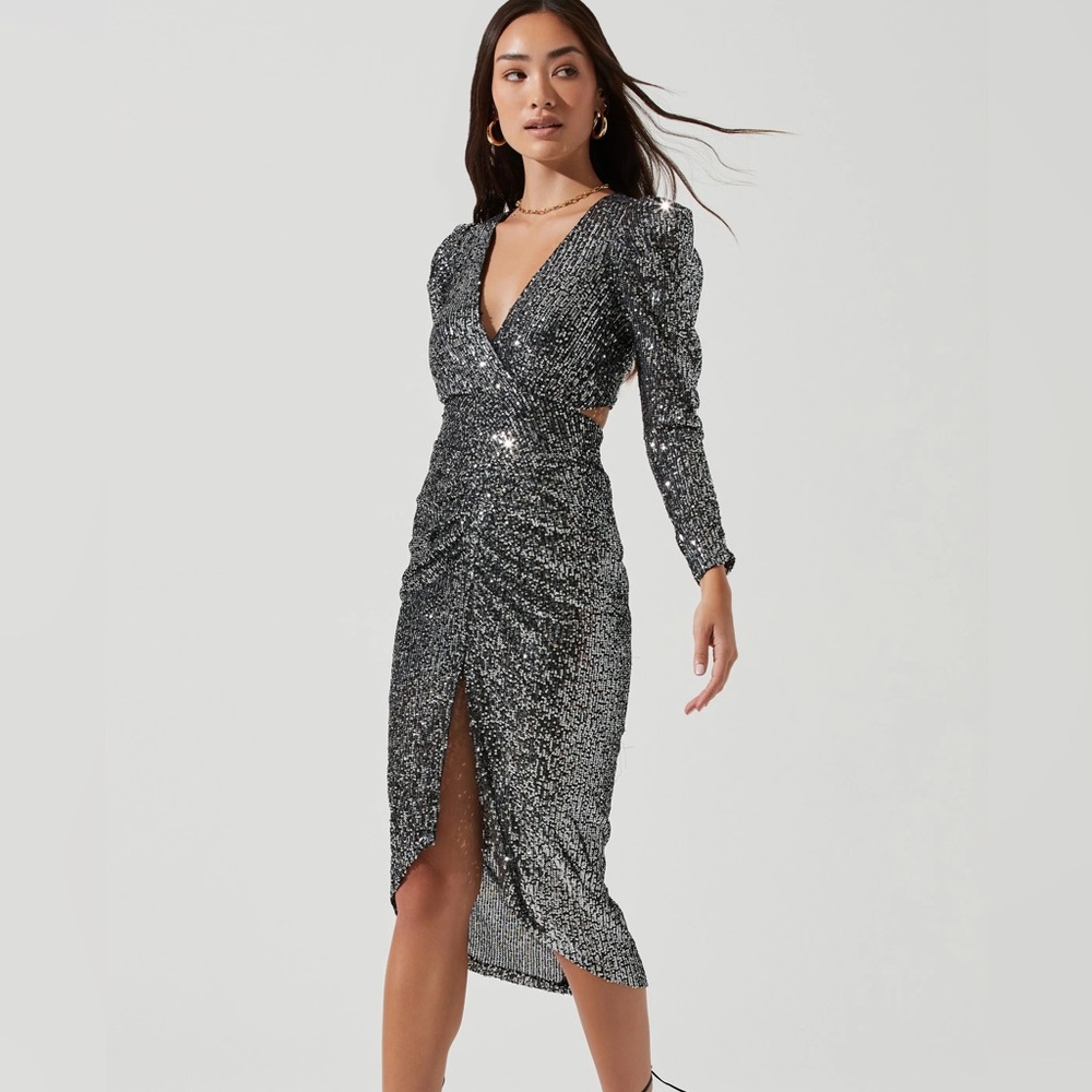 Astr black sequins long sleeve cut out dress